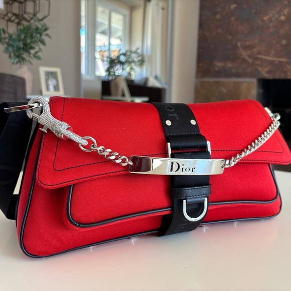 Vintage Rare CHRISTIAN DIOR Rouge Red Black Fabric Hardcore Shoulder Bag - Picture 6 of 16